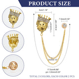 4Pcs 2 Colors Lion with Crown Rhinestone Safety Pin Brooch, Hanging Long Chain Alloy Pin for Suit Shirt Collar, Antique Silver & Antique Golden, 175mm, 2pcs/color