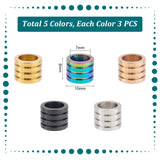 15Pcs 5 Colors 304 Stainless Steel Beads, Large Hole Beads, Grooved, Column, Mixed Color, 10x8mm, Hole: 7mm, 3pcs/color