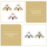 5Pcs 5 Colors White Imitation Pearl with Rhinestone Bee Brooch Pin, Alloy Badge for Backpack Clothes, Mixed Color, 28x36x17mm, Pin: 0.8mm, 1pc/color