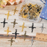 50Pcs 5 Colors Tibetan Style Alloy Pendants, Cross with Rose Charm, Mixed Color, 34.5x23x3mm, Hole: 2.5mm, 10pcs/color