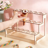 3-Tier Wooden Ice Cream Cone Display Risers, Ice Cream Cone Holder with 33 Holes, Cornsilk, 30x18x21cm