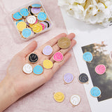 60Pcs 6 Colors Alloy Enamel Pendants, Golden, Flat Round with Smiling Face Charm, Mixed Color, 24.5x20x1.5mm, Hole: 2mm, 10pcs/color