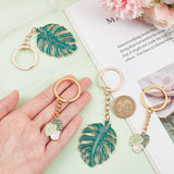 4Pcs 2 Style Monstera Leaf Alloy Enamel Pendant Keychain, for Car Key Bag Pendant Decoration, Golden, 80~12cm, 2pcs/style