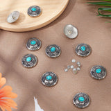 1-Hole Alloy & Cat eye Turquoise Buttons, Flat Round with Leaf Pattern, for DIY Luggage and Hardware Accessaries, Dark Turquoise, 30x11~11.8mm, Hole: 2.5mm, 10pcs/box