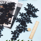 Polyester Embroidery Lace Appliques, Ornament Accessories for Cheongsam, Dress, Flower, Black, 360x145x1mm