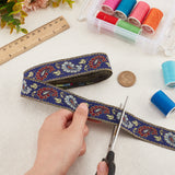 Ethnic Style Embroidery Polyester Ribbons, Floral Pattern, Marine Blue, 1-3/8 inch(34mm), about 7.66 Yards(7m)/Roll