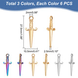 18Pcs 3 Colors 304 Stainless Steel Pendants, Sword, Mixed Color, 27.5x10.5x2.5mm, Hole: 2mm, 6pcs/color