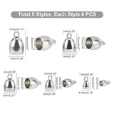 30Pcs 5 Style 304 Stainless Steel Cord Ends, End Caps, Stainless Steel Color, 8~14x4.5~10mm, Hole: 1.5~2.5mm, Inner Diameter: 3~8mm, 6pcs/style