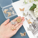 Brass Filigree Joiners Links, with Crystal Rhinestone, 3D Butterfly, Mixed Color, 22.5x33x4~7mm, Hole: 1mm, 2 colors, 8pcs/color, 16pcs/box