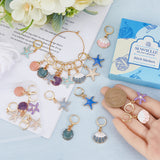 Shell & Starfish Shape Alloy Enamel Pendant Stitch Markers, Crochet Leverback Hoop Charms, Locking Stitch Marker with Wine Glass Charm Ring, Mixed Color, 3.4~3.6cm, 4 style, 6pcs/style, 24pcs/box