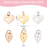 304 Stainless Steel Charms, Heart with Heart, Mixed Color, 12x12.5x1mm, Hole: 3mm, 3 colors, 6pcs/color, 18pcs/box