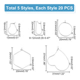 100Pcs 5 Style 304 Stainless Steel Hoop Earrings, Kidney Ear Wire, Wine Glass Charm Rings, Heart & Hexagon & Ring, Stainless Steel Color, 18~37x9~31x0.6~2.5mm, Pin: 0.6~0.8mm, 20Pcs/style