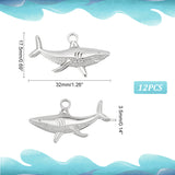 12Pcs 304 Stainless Steel Pendants, Shark Charm, Stainless Steel Color, 17.5x32x3.5mm