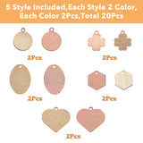 20Pcs 10 Style Brass Pendants, Stamping Blank Tag, Long-Lasting Plated, Ova & Flat Round & Heart & Cross, Mixed Color, 12~22x10~20x0.5~1mm, Hole: 1.2~1.6mm, 2pcs/style