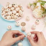 40Pcs 5 Styles Printed Wood European Beads, Large Hole Round Bead with Smiling Face Pattern, Undyed, Mixed Color, 24.5~25x22.5~23.5mm, Hole: 4.7mm, 8pcs/style