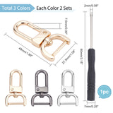 6 Sets 3 Colors Alloy Swivel Lobster Claw Clasps, with Iron Screws Swivel Snap Hook and 1 Set Iron Screwdriver, Mixed Color, 52x27mm