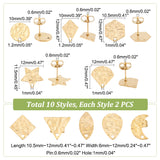 20Pcs 10 Style 304 Stainless Steel Stud Earring Findings, with Hole and Ear Nuts, Rhombus & Hexagon & Star & Triangle & Teardrop & Moon Shape, Golden, 10~12x6~12mm, Hole: 0.9~1.2mm, Pin: 0.6mm, 2Pcs/style