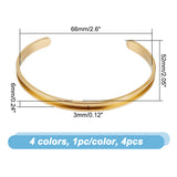 4Pcs 4 Colors C-Shaped 201 Stainless Steel Grooved Cuff Bangles, for DIY Electroplated, Leather Inlay, Clay Rhinestone Pave Bangle Making, Mixed Color, 1/4 inch(0.6cm), Inner Diameter: 2x2-5/8 inch(5.2x6.6cm), 1pc/color