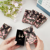 Flower Pattern Cardboard Jewelry Packaging Box, 2 Slot, For Ring Earrings, with Ribbon Bowknot and Black Sponge, Rectangle, Black, 8x5x2.6cm