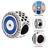 Rhodium Plated Sterling Silver European Beads, with Cubic Zirconia and Enamel, Flat Round with Evil Eye, Platinum, Dark Blue, 11.8x7.5mm, Hole: 4.5mm