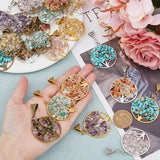 21Pcs 21 Styles Natural & Synthetic Mixed Gemstone Chip Pendants, Flat Round with Tree of Life Charms, with Alloy Findings, 65mm, Pendant: 43x38x3.5~9.5mm, Hole: 4x9mm, 1pc/style