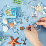 Beach Ocean Theme Alloy Wine Glass Charms, with Glass Beads and Brass Wine Glass Charm Rings, Mixed Shapes, Antique Silver & Platinum, 45~56mm, 12pcs/box