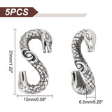 5Pcs Tibetan Style 304 Stainless Steel S-Hook Clasps, Snake, Antique Silver, 27x14x4mm