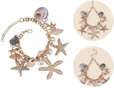 Trendy Charm Bracelets, with Conch, CCB Plastic and Rhinestone Starfish, Glass Pearl Pendants, Iron & Brass Findings and Cardboard Jewelry Set Boxes, Golden, 7-3/8 inch(18.7cm)