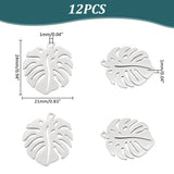 12Pcs 201 Stainless Steel Pendants, Tropical Leaf Charms, Monstera Leaf, Hollow, Stainless Steel Color, 24x21x1mm, Hole: 1mm