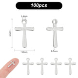 100Pcs 201 Stainless Steel Tiny Cross Charms, Stainless Steel Color, 15x10x0.7mm, Hole: 1.4mm