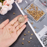 50Pcs 304 Stainless Steel Stud Earring Findings, Ball Stud Earring Post, with Horizontal Loops and Ear Nut/Earring Backs, Real 24K Gold Plated, 9mm, Hole: 1.8mm, Pin: 0.8mm