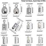 Stainless Steel Cord Ends, End Caps and Folding Crimp End, Stainless Steel Color, 6pcs/style, 12styles/box