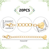 20Pcs 304 Stainless Steel Curb Chain Extender, End Chains with Lobster Claw Clasps and Heart Chain Tabs, Real 18K Gold Plated, 75mm