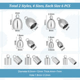 48Pcs 8 Style 201 & 304 Stainless Steel Cord Ends, End Caps, Column & Cone, Stainless Steel Color, 8~12x4.5~9mm, Hole: 1.6~1.8mm, Inner Diameter: 3~7mm, 6Pcs/style