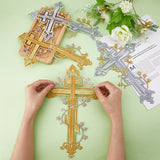 4Pcs 2 Colors Polyester Metallic Thread Embroidery Applique Patch, Sewing Craft Decoration, Religion Cross with Flower, Mixed Color, 277x188x1.5mm, 2pcs/color