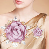 Cloth Rose with Crystal Rhinestone Brooch Pin, Light Gold Alloy Fashion Badge with Imitation Pearl for Clothes Shawl, Purple, 53x51.5x17.5mm