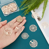 36Pcs 6 Style Brass Pendants, Etched Metal Embellishments, Flat Round with Tree of Life & Flower, Light Gold, 30~32x27~30x0.3~0.4mm, Hole: 1.8mm, 6pcs/style