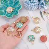 8Pcs 4 Styles Natural & Synthetic Mixed Gemstone Pendants, with Brass Findings, Flat Round with Tree of Life Charms, Mixed Dyed and Undyed, Golden, 30.5x27x8mm, Hole: 7x3mm, 2pcs/style