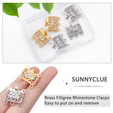 6 Sets 2 Colors 3-Strand 6-Hole Brass Filigree Box Clasps, with Crystal Rhinestone, Rectangle, Platinum & Golden, 17x18x7mm, Hole: 1.5mm, 3 sets/colors