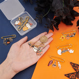 1Set Halloween Pumpkin & House & Skull & Bat Alloy Enamel Charms Safety Pin Brooch, Golden Iron Lapel Pins for Backpack Clothes, Mixed Color, 25~43mm, 1pc/style, 7 style, 7pcs