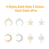 32Pcs 8 Styles Brass Connector Charms, Long-Lasting Plated, Sun & Star & Moon, Mixed Color, 13~22x12~18x0.5~1mm, Hole: 1.2mm, 4pcs/style