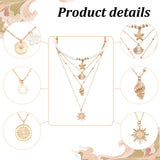 6Pcs 6 Style Sun & Flower & Shell Shape Pendant Alloy Multi Layered Necklaces Sets, Polymer Clay Heishi Beaded Necklaces for Women, Golden, 15.5~18.5 inch(39.5~47cm), 1Pc/style