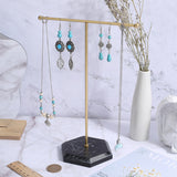 1 Set Golden Plated T Bar Iron Key Storage Jewelry Rack, Jewelry Display Holder with Hexagon Shaped MDF Base, for Earrings, Necklaces, Black, 18.5x9x26cm