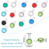 8 Color 304 Stainless Steel with Glass Charms, Faceted Flat Round, Stainless Steel Color, 9.5x6.5x2mm, Hole: 1.5mm, 10Pcs/color, 80Pcs/box