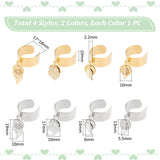 8Pcs 4 Style 304 Stainless Steel Open Cuff Finger Rings with Leaf Charms, Golden & Stainless Steel Color, Inner Diameter: 17~18mm, 2Pcs/style