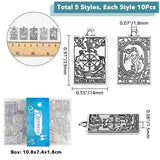 50Pcs 5 Style Zinc Alloy Pendants, Antique Silver, Rectangle with Tarot Cards Pattern, Stainless Steel Color, 23x14x1.5mm, Hole: 1.8mm, 10pcs/style