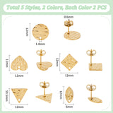 20Pcs 10 Style 304 Stainless Steel Stud Earring Findings, with Earring Backs & Hole, Textured, Flat Round & Heart & Rhombus & Triangle & Horse Eye, Golden & Stainless Steel Color, 10.5~12x6~12mm, Hole: 0.9~1.4mm, Pin: 0.6~0.8mm, 2Pcs/style