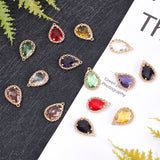 14Pcs 7 Colors Transparent Glass Pendants, for DIY Jewelry Making, with Brass Findings, Faceted, Teardrop, Light Gold, Mixed Color, 19x14x4.5mm, Hole: 1.2mm, 2pcs/color