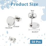 304 Stainless Steel Stud Earring Findings, with Loop and Flat Plate, Flat Round, Stainless Steel Color, 8x1mm, Hole: 1.5mm, Pin: 0.8mm, 50pcs/box