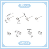 304 Stainless Steel Stud Earring Findings, with Loop and Eae Nut, Earring Posts, Round, Stainless Steel Color, 15x5mm, Hole: 1mm, Pin: 0.4mm, Stud Earring Findings: 50pcs/box, Ear Nuts: 50pcs/box